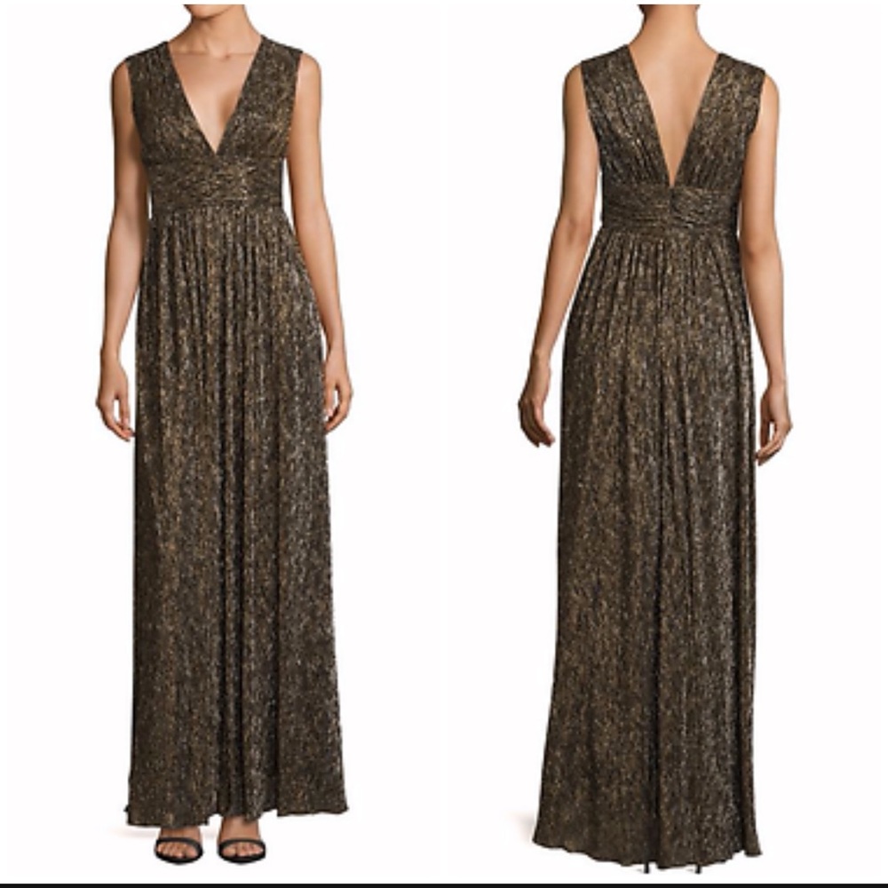 Aidan Mattox Metallic Vneck Black Gold Dress Gown Size 2